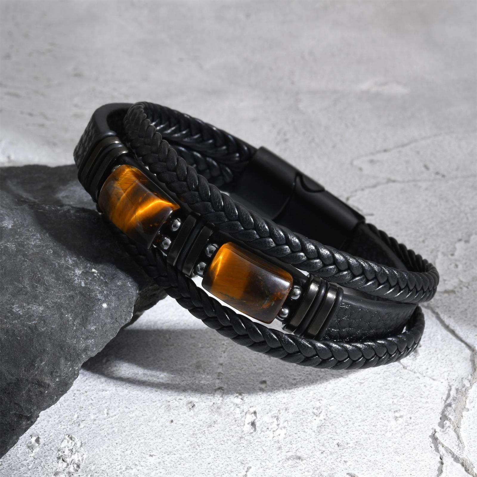 Leatherwork Logo - Heren gevlochten leren armband tijgeroog steen