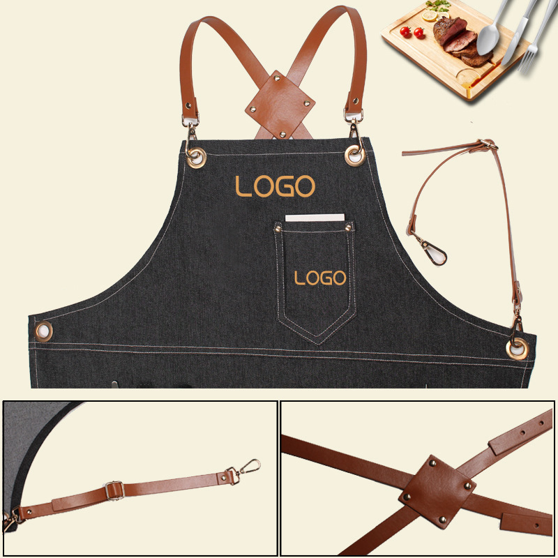 Leatherwork Logo - Bloemen PU lederen bandjes Denim werkschort